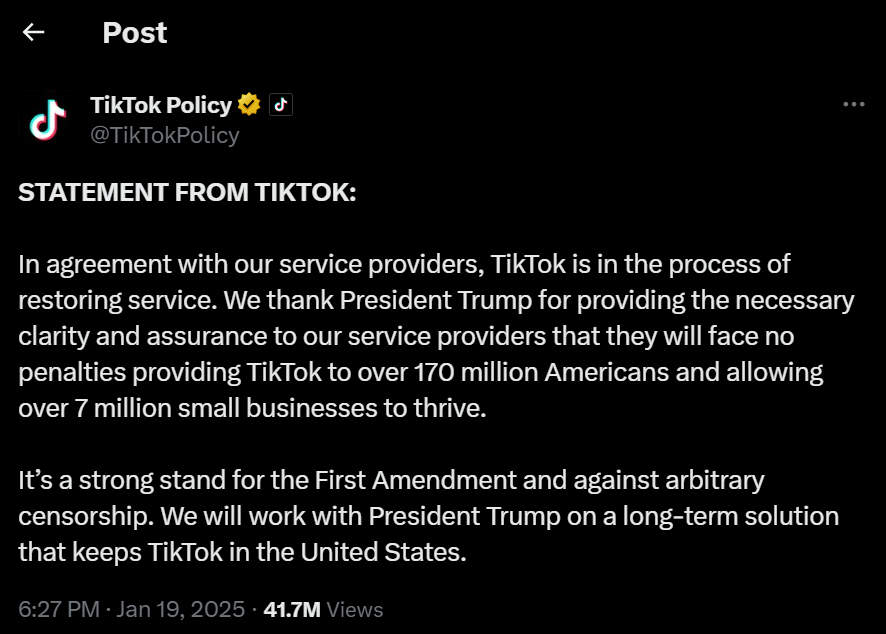 Tiktok thanks trump for restoring the social media platform hours before inauguration 